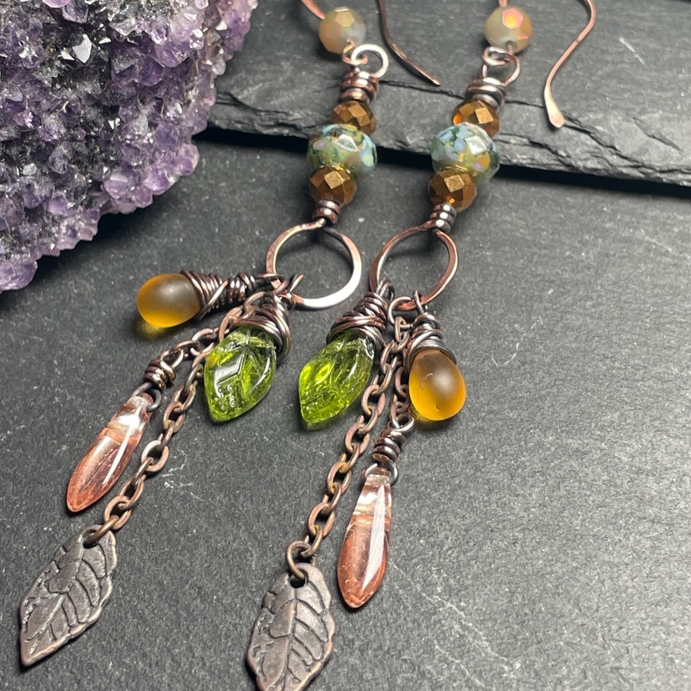 Rustic Copper Leaf Earrings | Woodland Fairycore Jewelry | Artisan - Picture 13 of 15